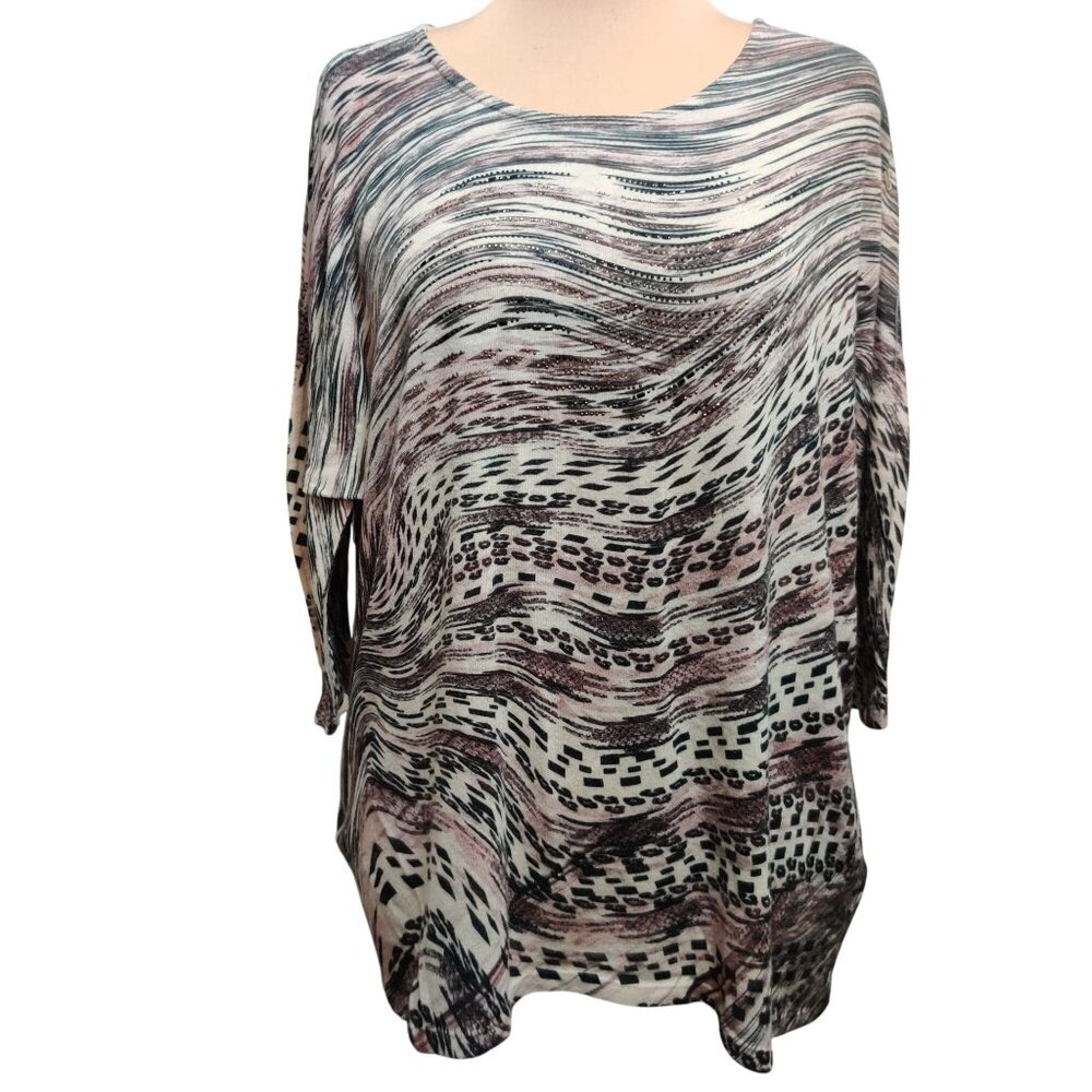 CJ Banks Plus Size 1X Abstract Beaded Tunic Top Batwing Sleeve Stretch Blouse